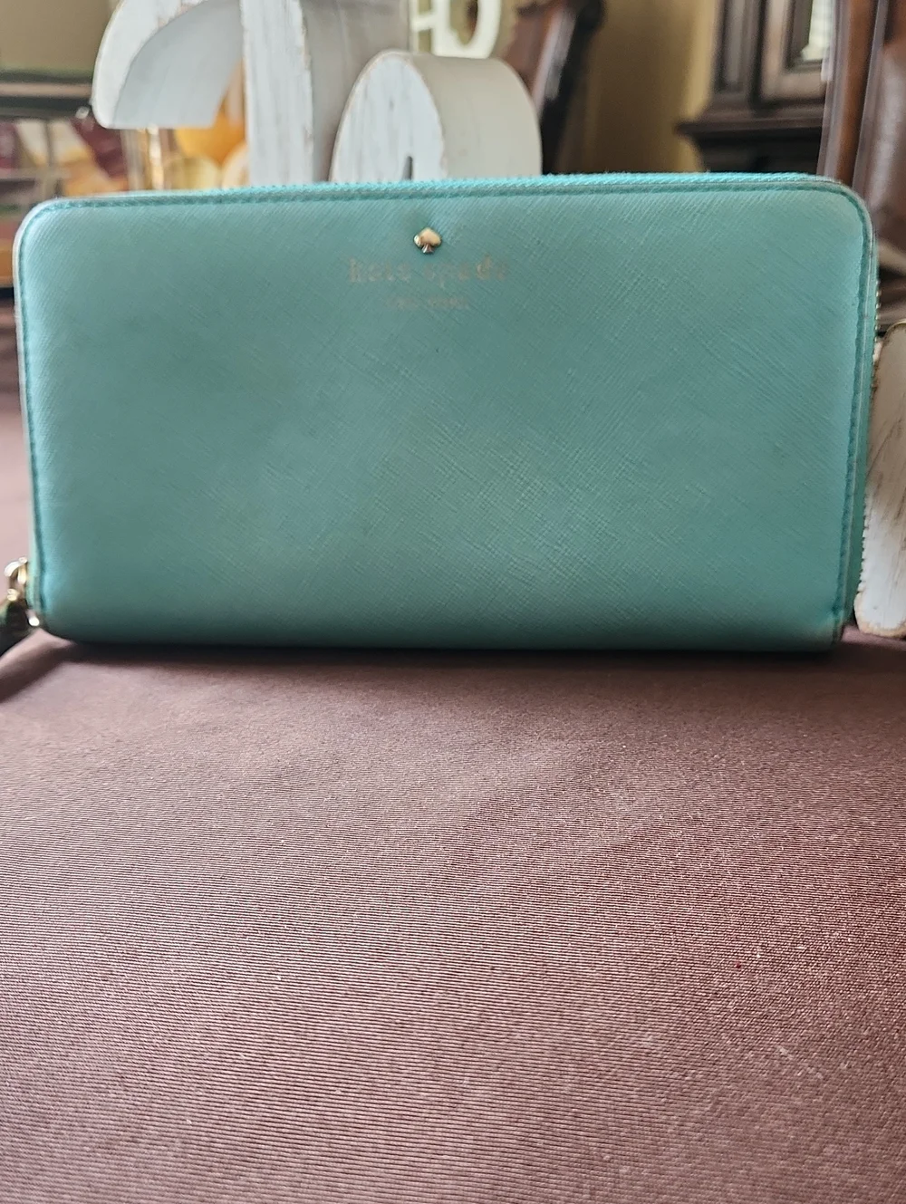 kate spade Turquoise Zip-Around Saffiano Wallet with Gold Accent